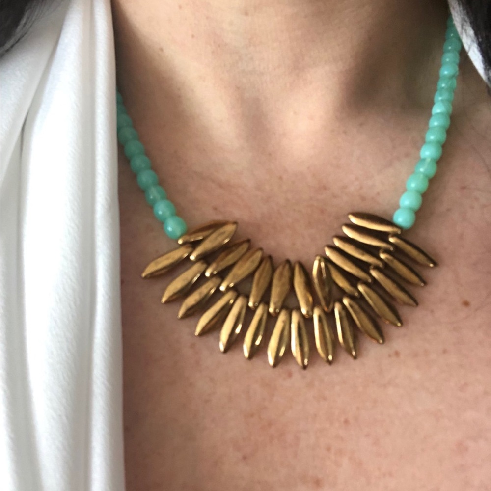 New Turquoise Gold Beaded Statement Necklace Flau… - image 8